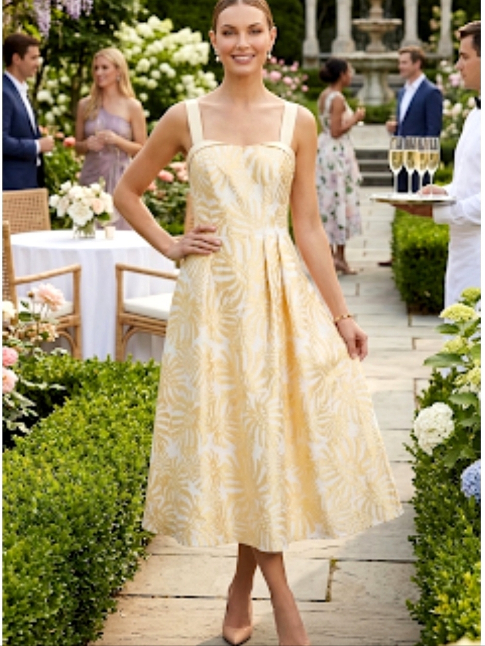 Kay Unger Liv Palm Leaf Jacquard Tea Length Cocktail Dress Size 6